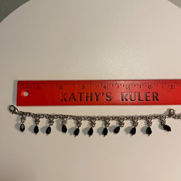 RETIRED Brighton Silver Hearts Black Beaded Bracelet with Faceted Crystal Charms - Picture 3 of 6